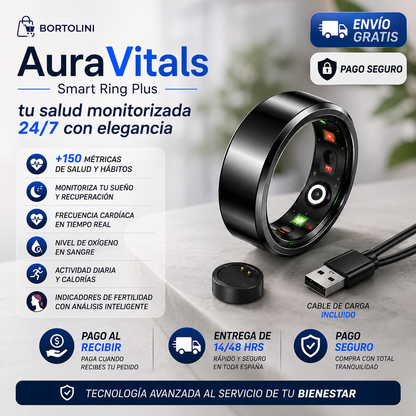 AuraVitals Smart Ring Plus — tu salud monitorizada 24/7 con elegancia, cable de carga y envío gratis
