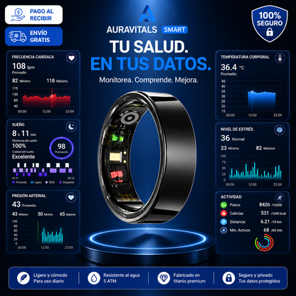 AuraVitals Smart Ring Plus — tu salud monitorizada 24/7 con elegancia, cable de carga y envío gratis