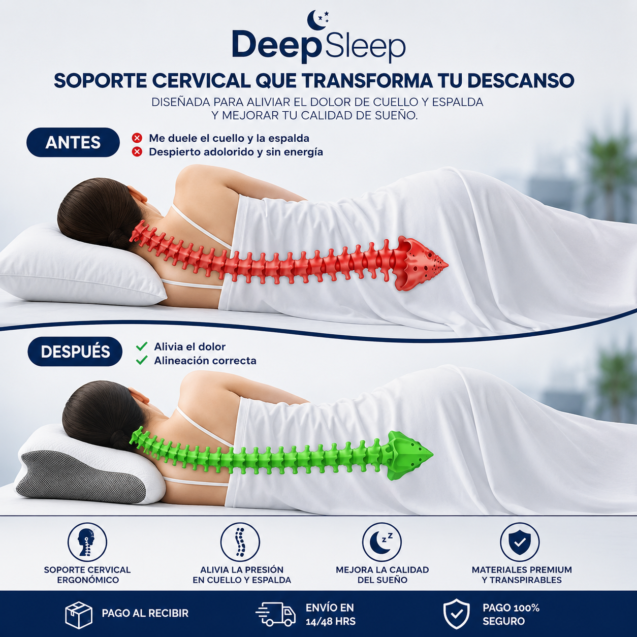 DeepSleep Almohada Cervical Ortopédica — alivio inmediato del dolor de cuello y hombros