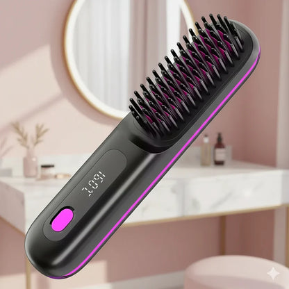 Cepillo Alisador Inalámbrico  Recargable por USB con Apagado Automático, Pantalla LED. Ligero, Duradero, Apto para Todo Tipo de Cabello, Ideal para llevarlo en la cartera, Agarre Elegante, Ideal para cabello voluminoso o con frizz.