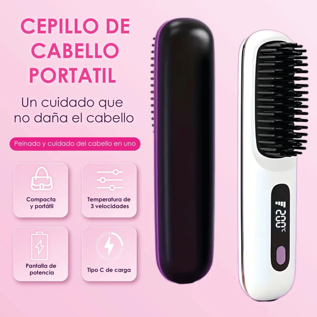 Cepillo Alisador Inalámbrico  Recargable por USB con Apagado Automático, Pantalla LED. Ligero, Duradero, Apto para Todo Tipo de Cabello, Ideal para llevarlo en la cartera, Agarre Elegante, Ideal para cabello voluminoso o con frizz.
